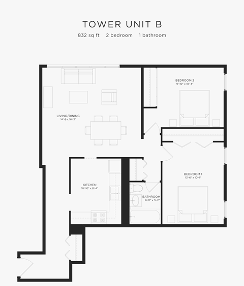 Floor plan for 2 beds, 1 bath, 784 sqft